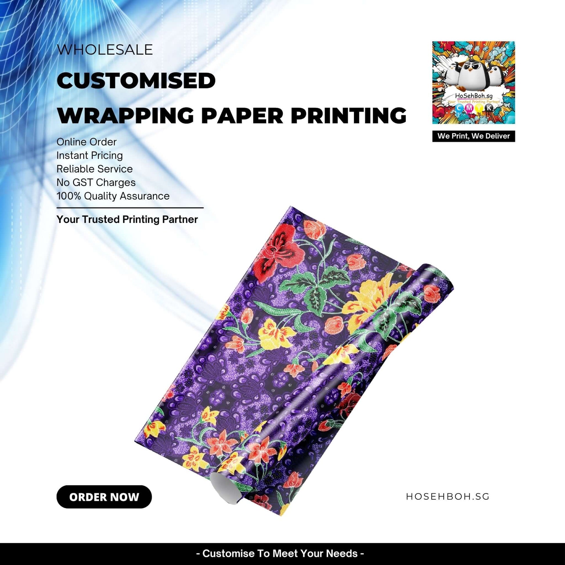 Customised Wrapping Paper Printing with bright floral design for unique gift wrapping solutions.