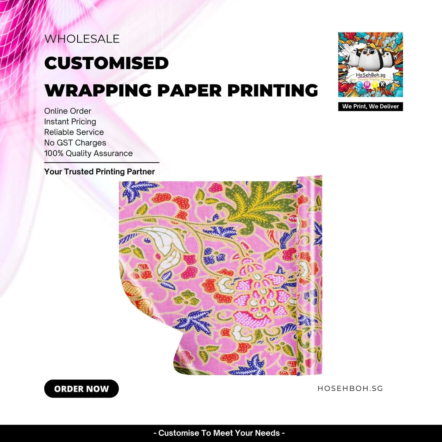 Customised Wrapping Paper Printing showcasing vibrant floral design and promotional text for online order and quality assurance.