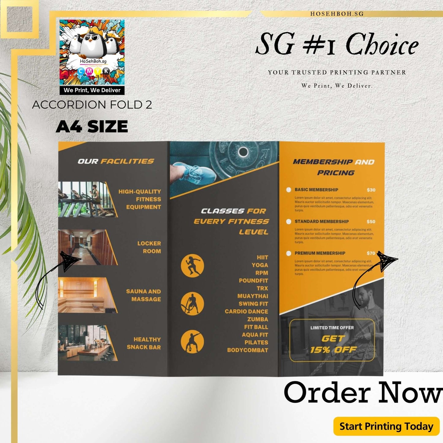 Accordion fold A4 flyer showcasing facilities and membership pricing, printed by Ho Seh Boh Group in Singapore.