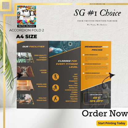 Accordion fold A4 flyer showcasing facilities and membership pricing, printed by Ho Seh Boh Group in Singapore.