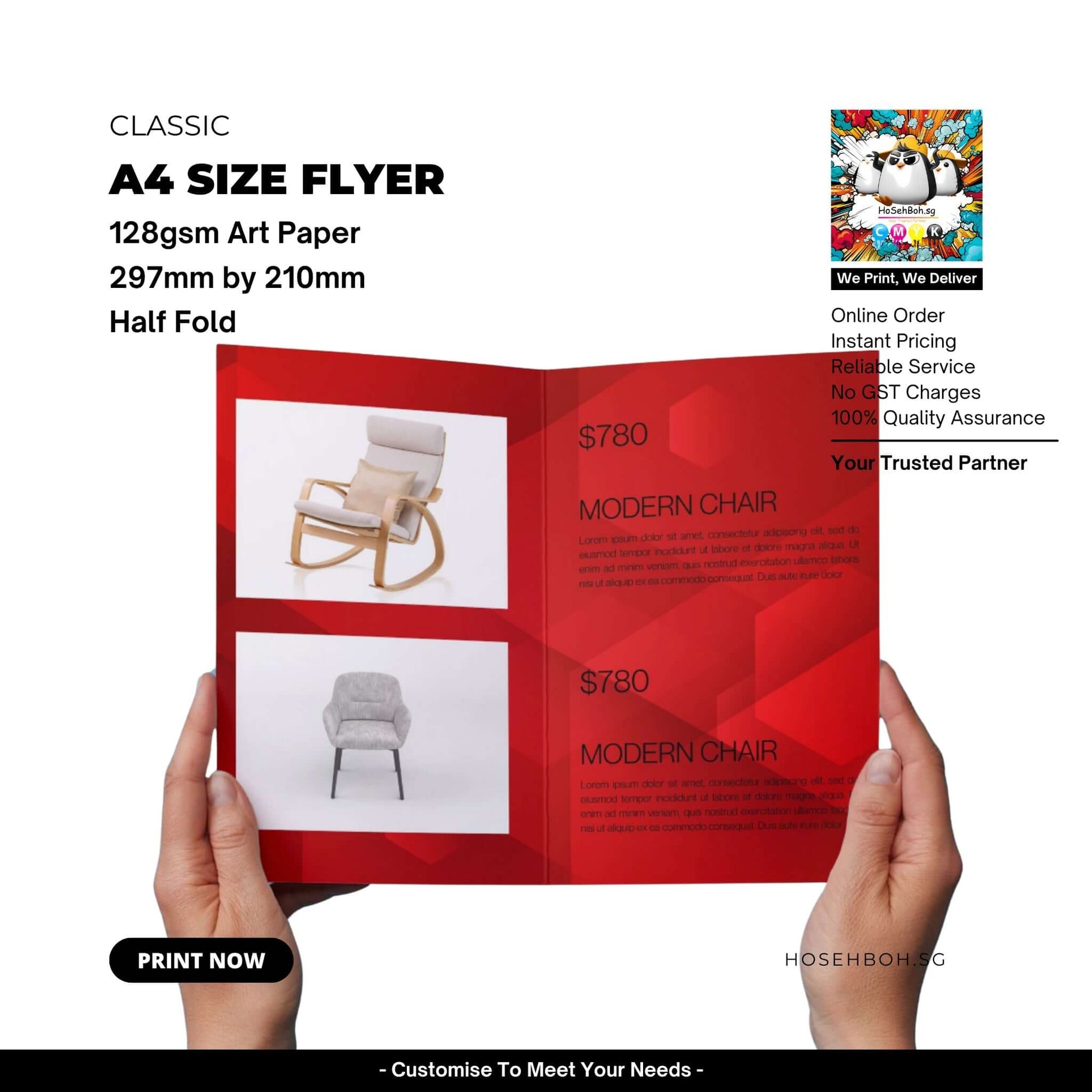 A4 size flyer showcasing modern chairs printed on 128gsm art paper with half fold design, ideal for easy ordering and quality assurance.