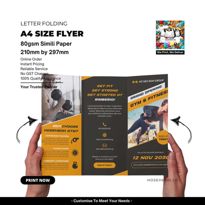 A4 size flyer with letter folding on 80gsm simili paper, featuring gym opening details and design by Ho Seh Boh Group.