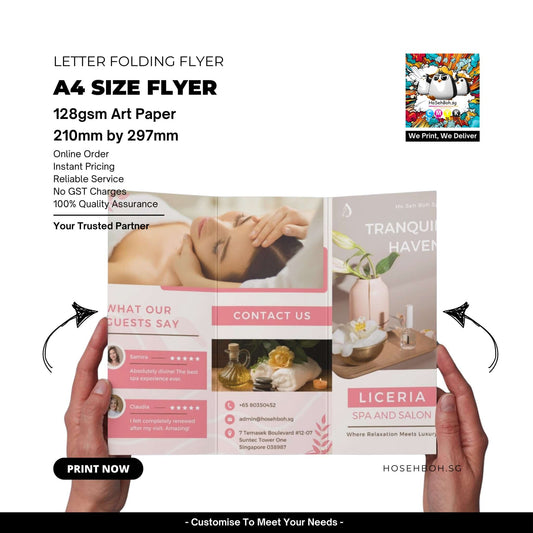 A4 size letter folding flyer showcasing 128gsm art paper for brochures, printed quality in Singapore.