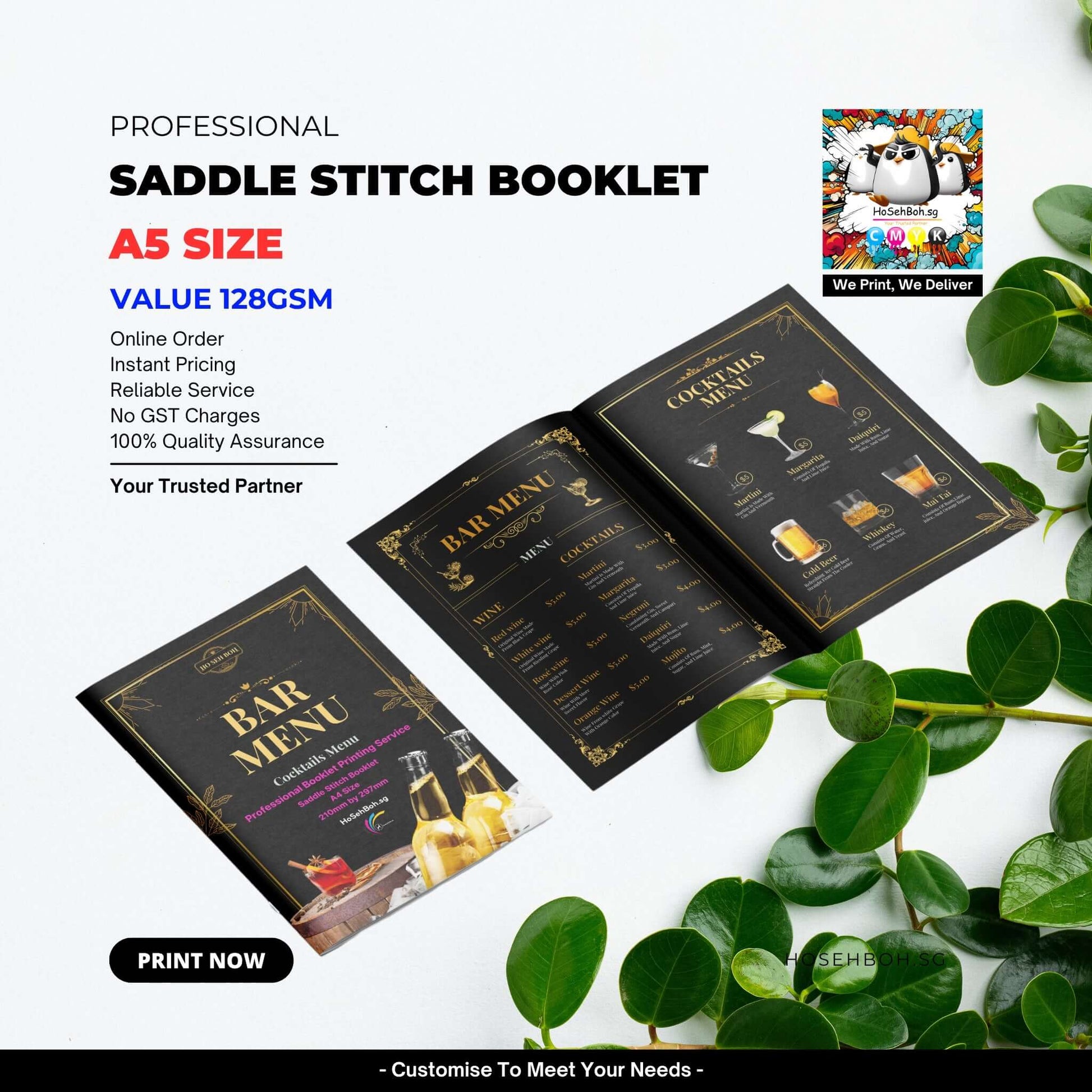 A5 saddle stitch booklet for menu printing in Singapore, showcasing drinks and pricing, 128gsm quality, reliable service.