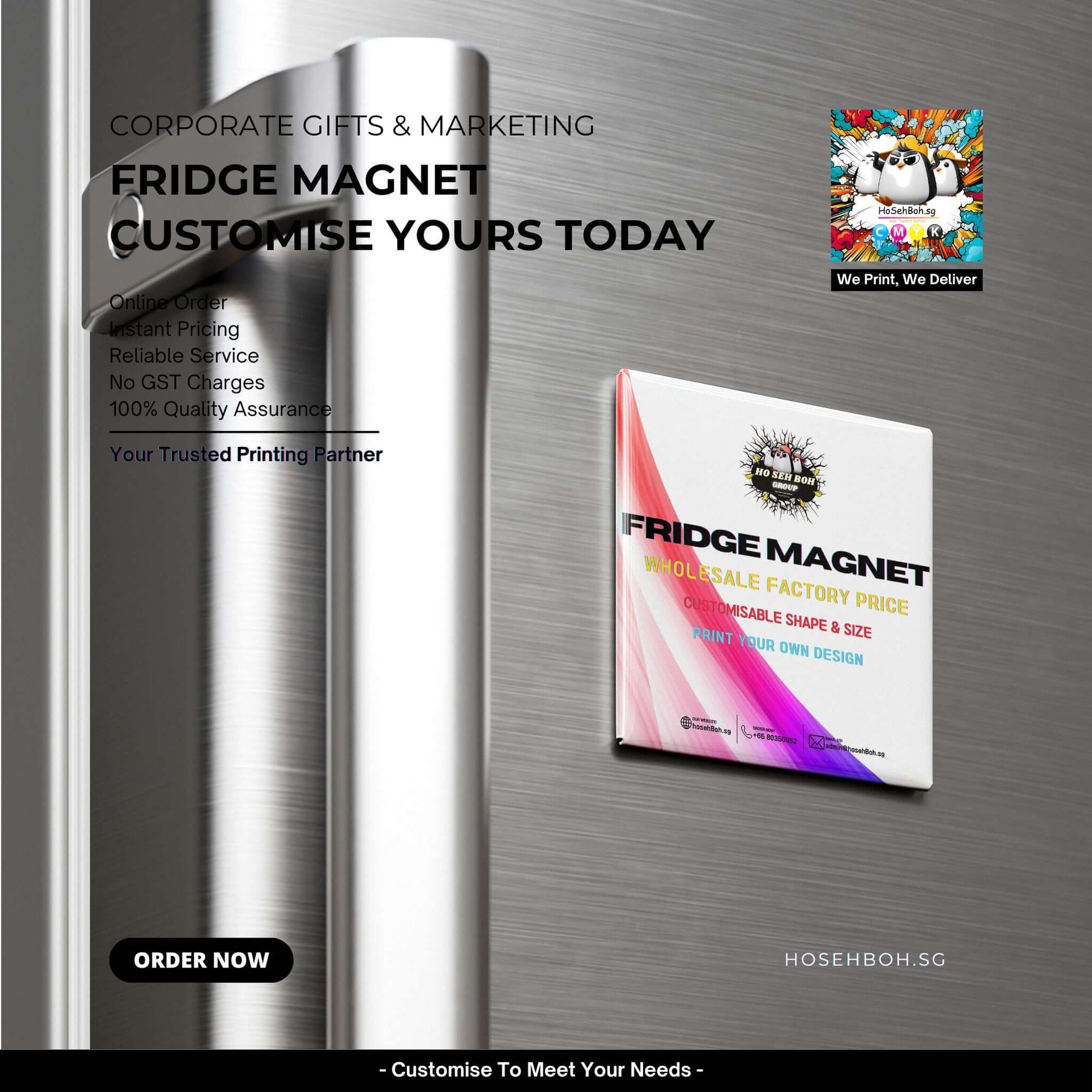 Custom Fridge Magnet Printing Singapore displayed on a stainless steel fridge, showcasing customizable design options.