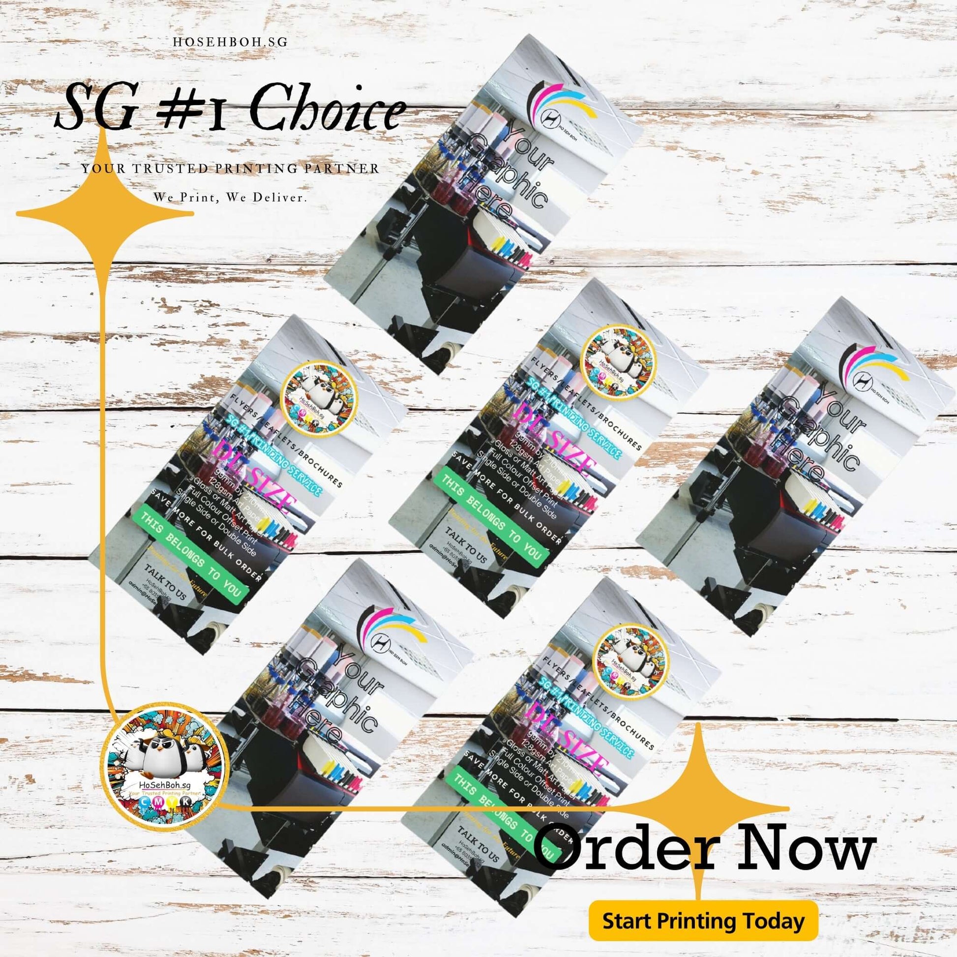 DL flyer printing display showcasing vibrant designs, advertising SG's #1 choice for quality printing services in Singapore.