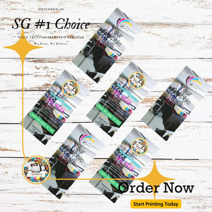 DL flyer printing display showcasing vibrant designs, advertising SG's #1 choice for quality printing services in Singapore.