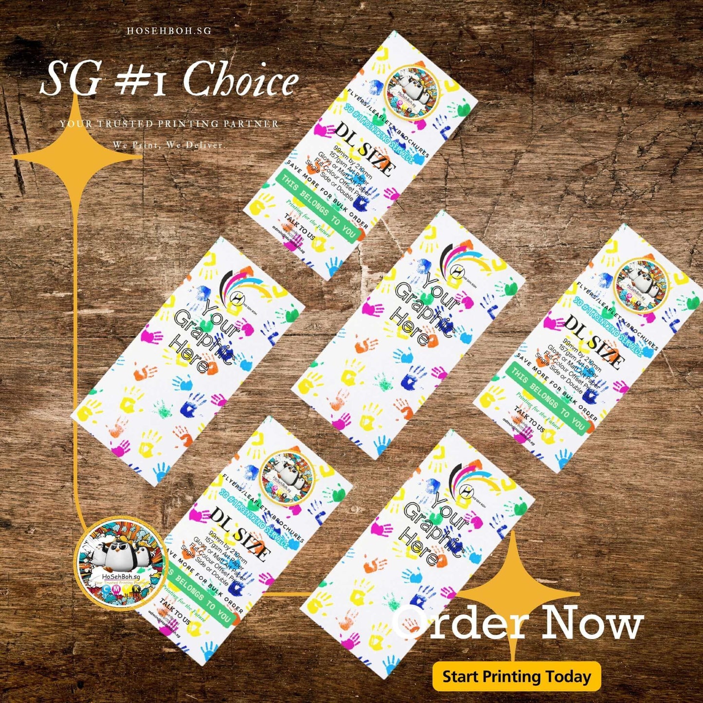 Colorful DL flyers showcasing print quality, promoting product and services, with SG #1 choice printing message.
