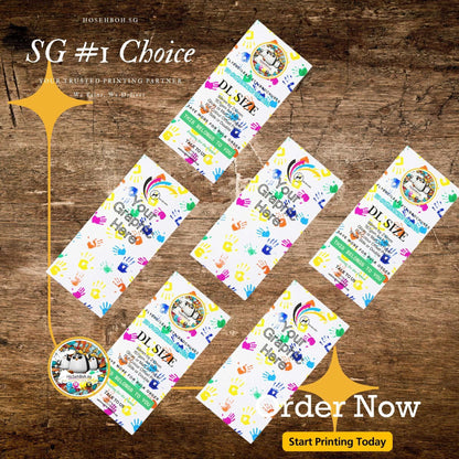 Colorful DL flyers showcasing print quality, promoting product and services, with SG #1 choice printing message.