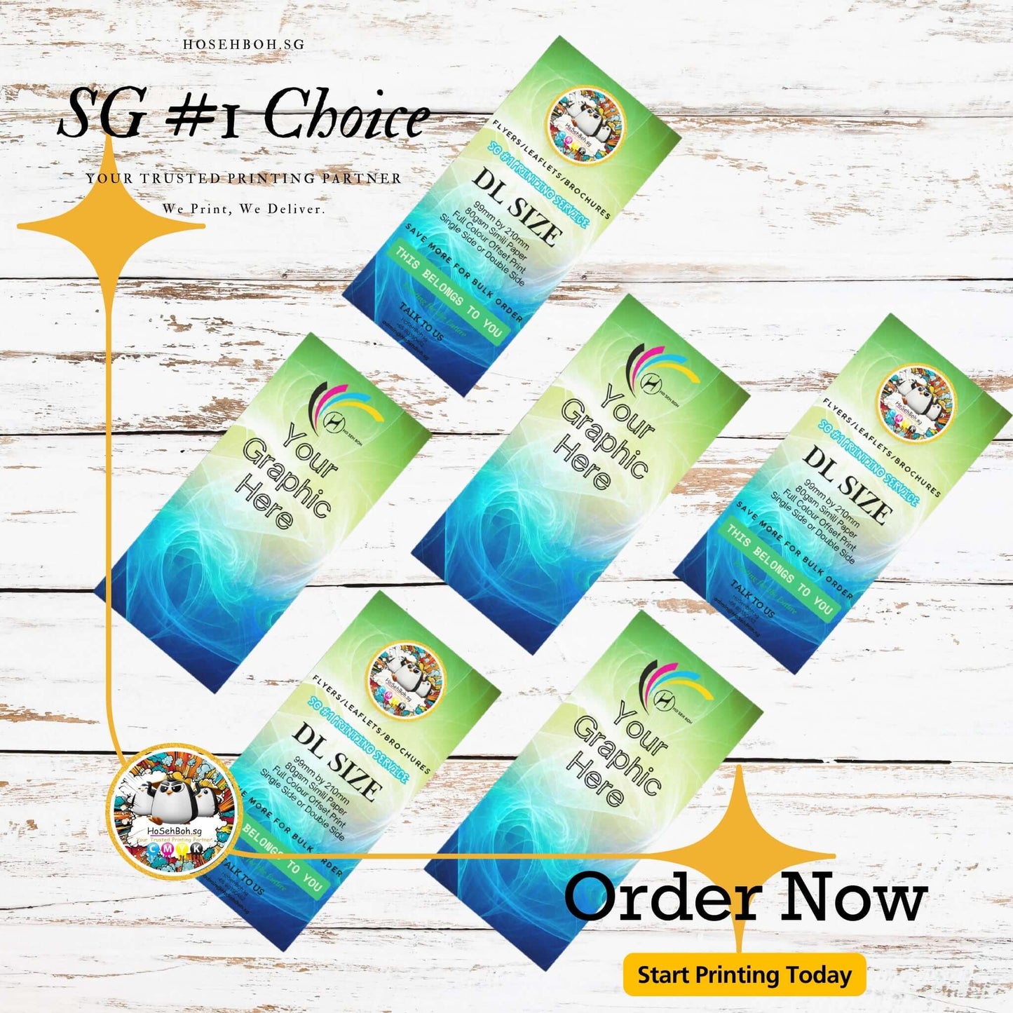 DL size flyer printing showcase featuring vibrant designs and custom graphics for businesses in Singapore.
