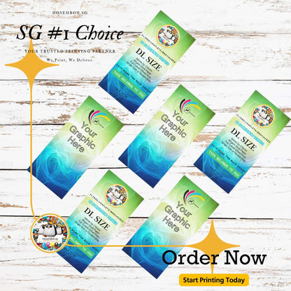 DL size flyer printing showcase featuring vibrant designs and custom graphics for businesses in Singapore.
