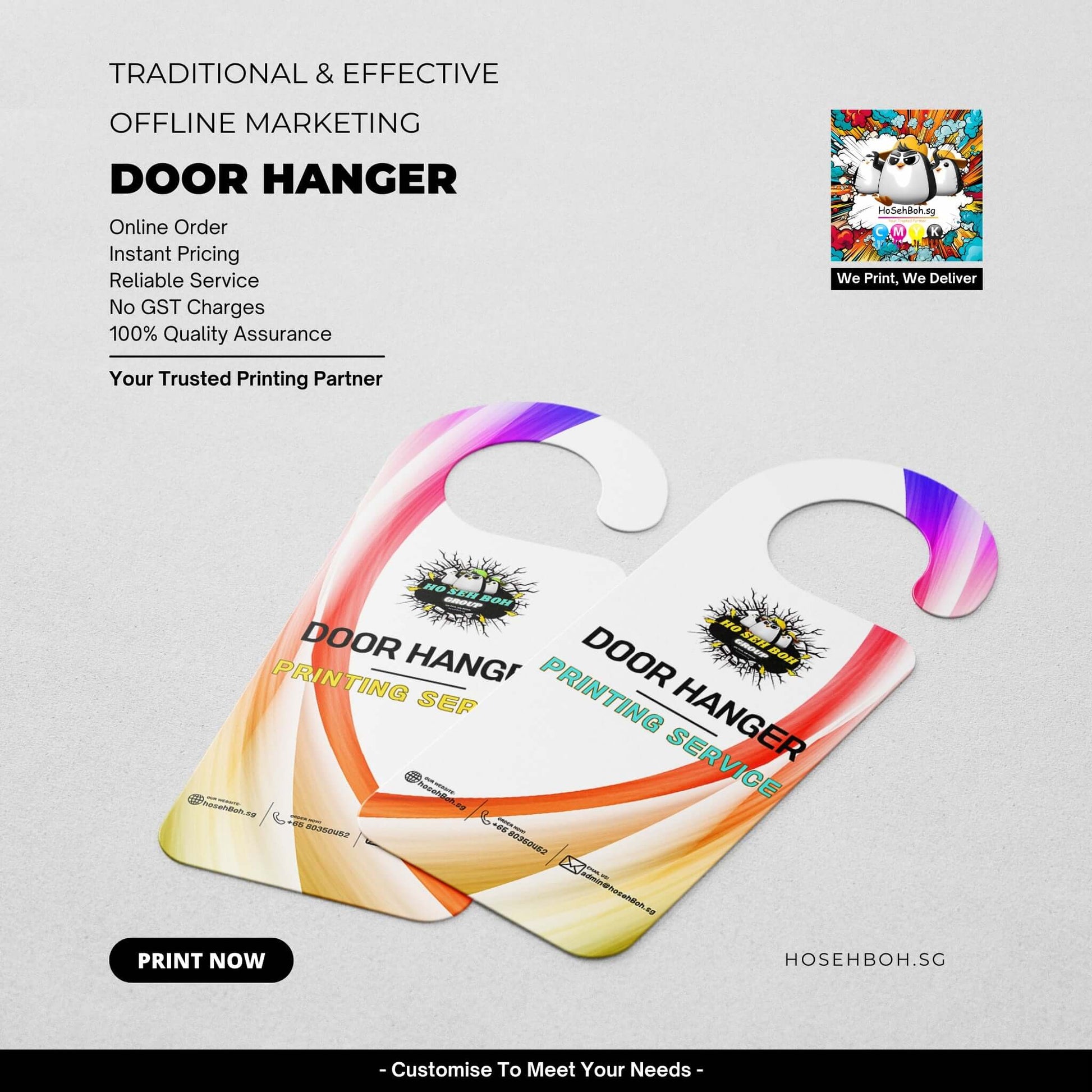 Colorful door hangers showcasing traditional offline marketing services with online ordering options.