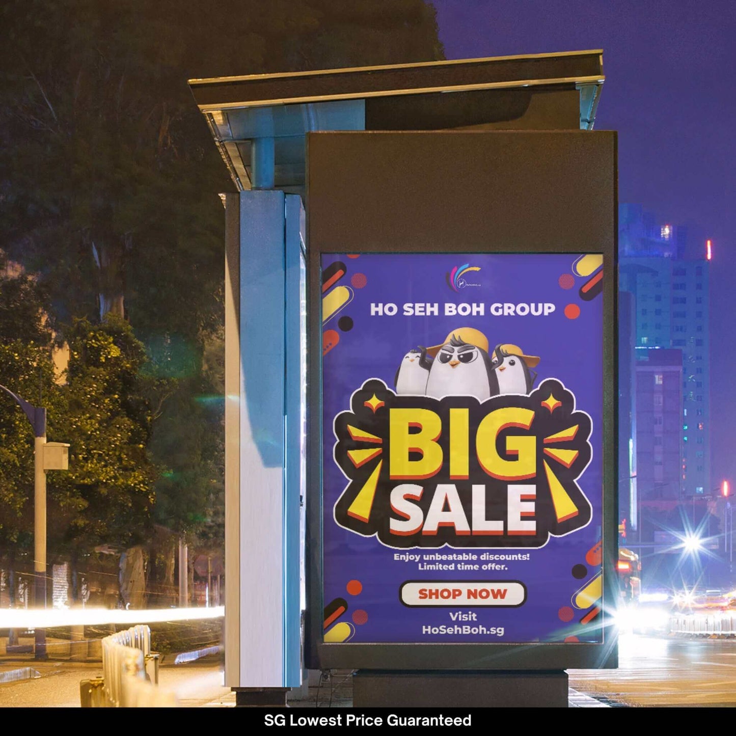 Bus stop advertisement for Ho Seh Boh Group's Big Sale with vibrant graphics and a call to action to shop online.