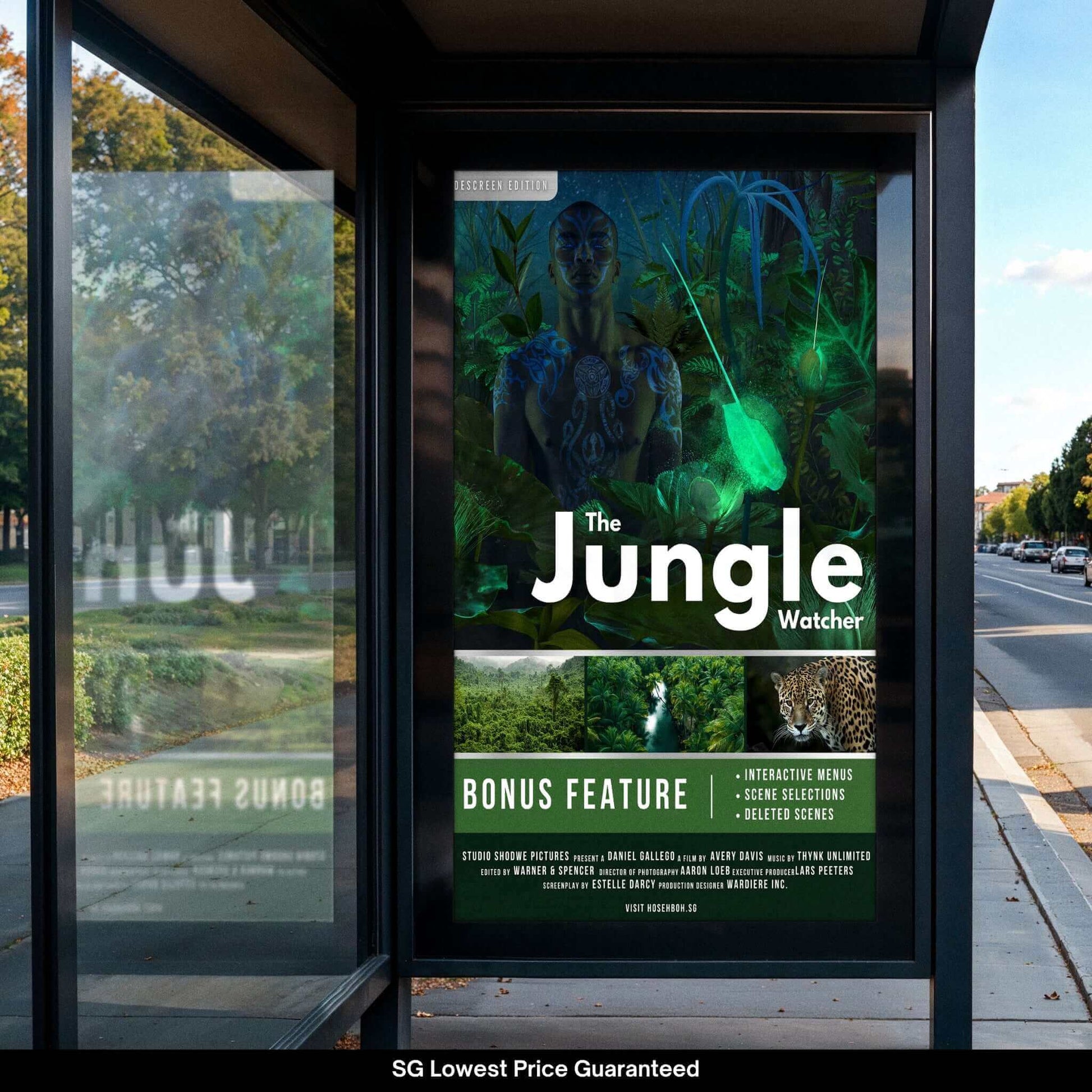 Promotional poster for 'The Jungle Watcher' at a bus station, featuring vibrant jungle visuals and bonus features.