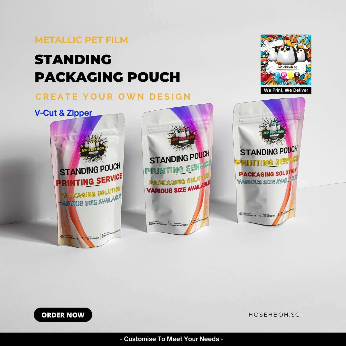 Three metallic pet film standing packaging pouches with V-cut and zipper, customizable designs for various sizes.