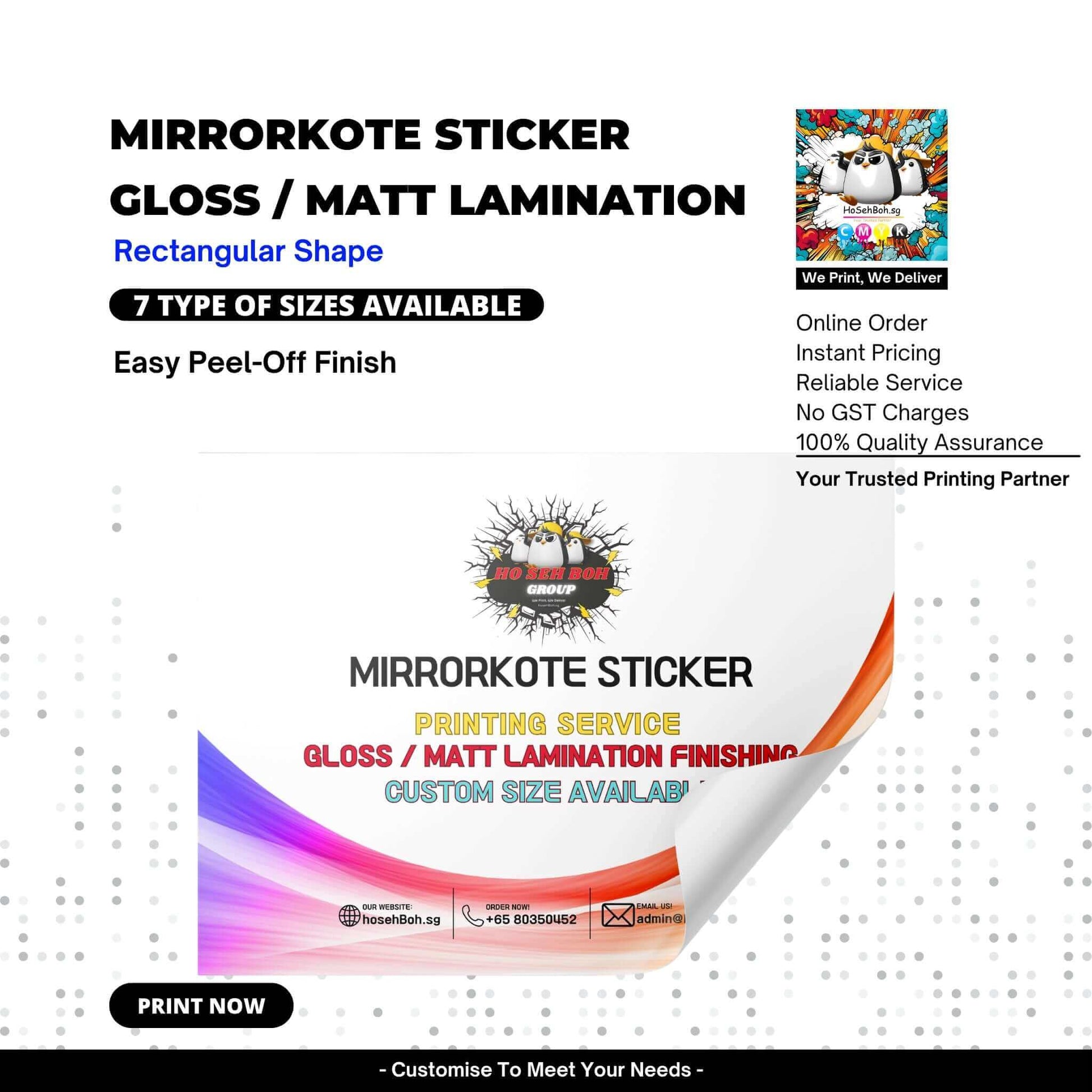 Mirrorkote Sticker with gloss and matt lamination, available in rectangular shape, showcasing sizes and printing service details.