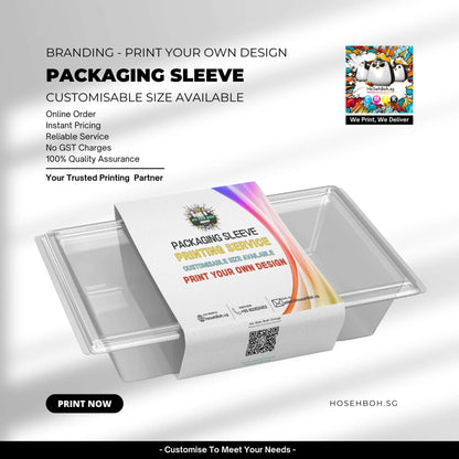 Packaging sleeve printing with custom design displayed on a container, highlighting instant pricing and quality assurance.