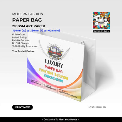 Custom shopping bags displayed with features like size and material specifications, emphasizing printing services.