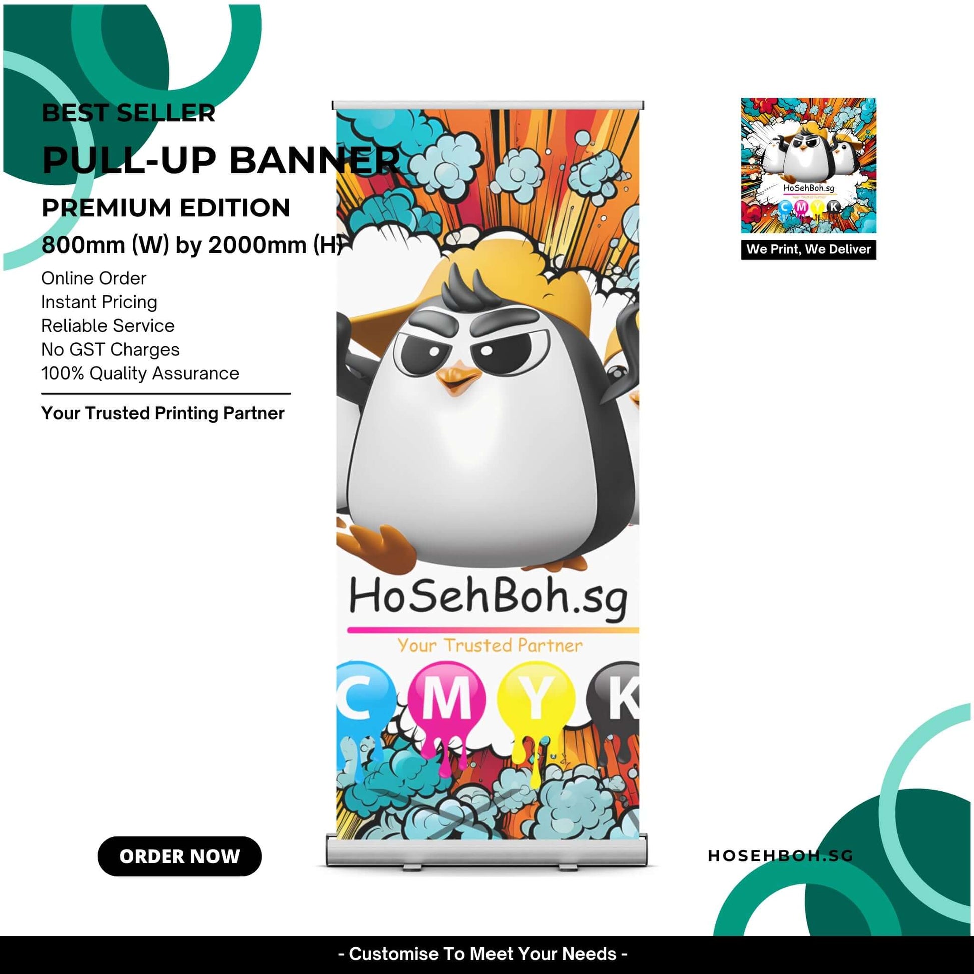 Best Seller Pull-Up Banner Premium Edition by Ho Seh Boh Singapore, 800mm x 2000mm, lightweight and portable for effective branding.