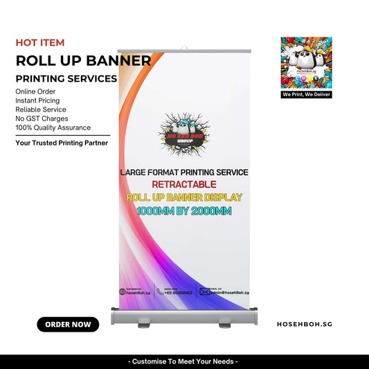 Roll up banner for printing services from hosehBoh.sg, featuring large format and instant pricing options.