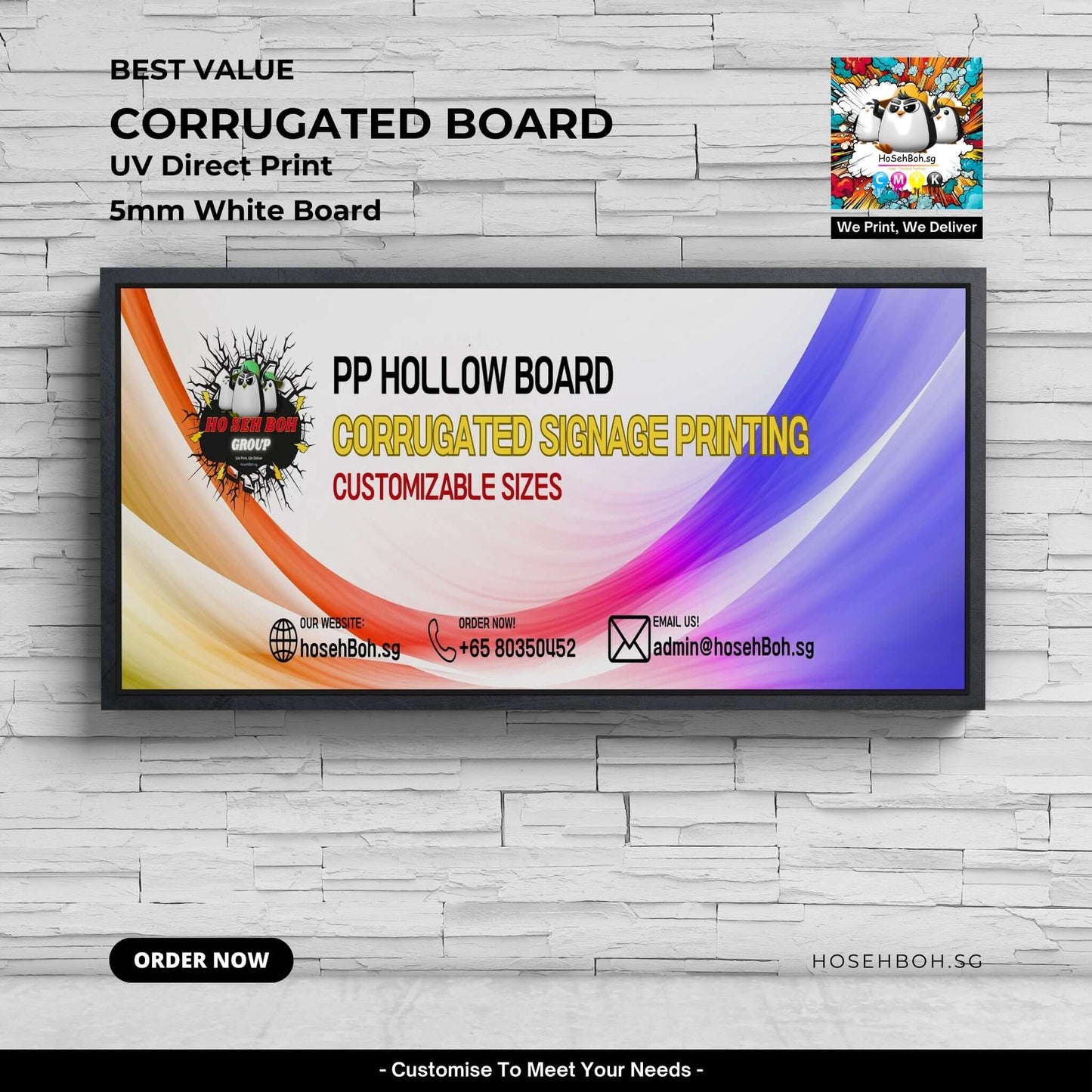 Customizable corrugated board signage with UV direct print, 5mm white board, and vibrant design options.