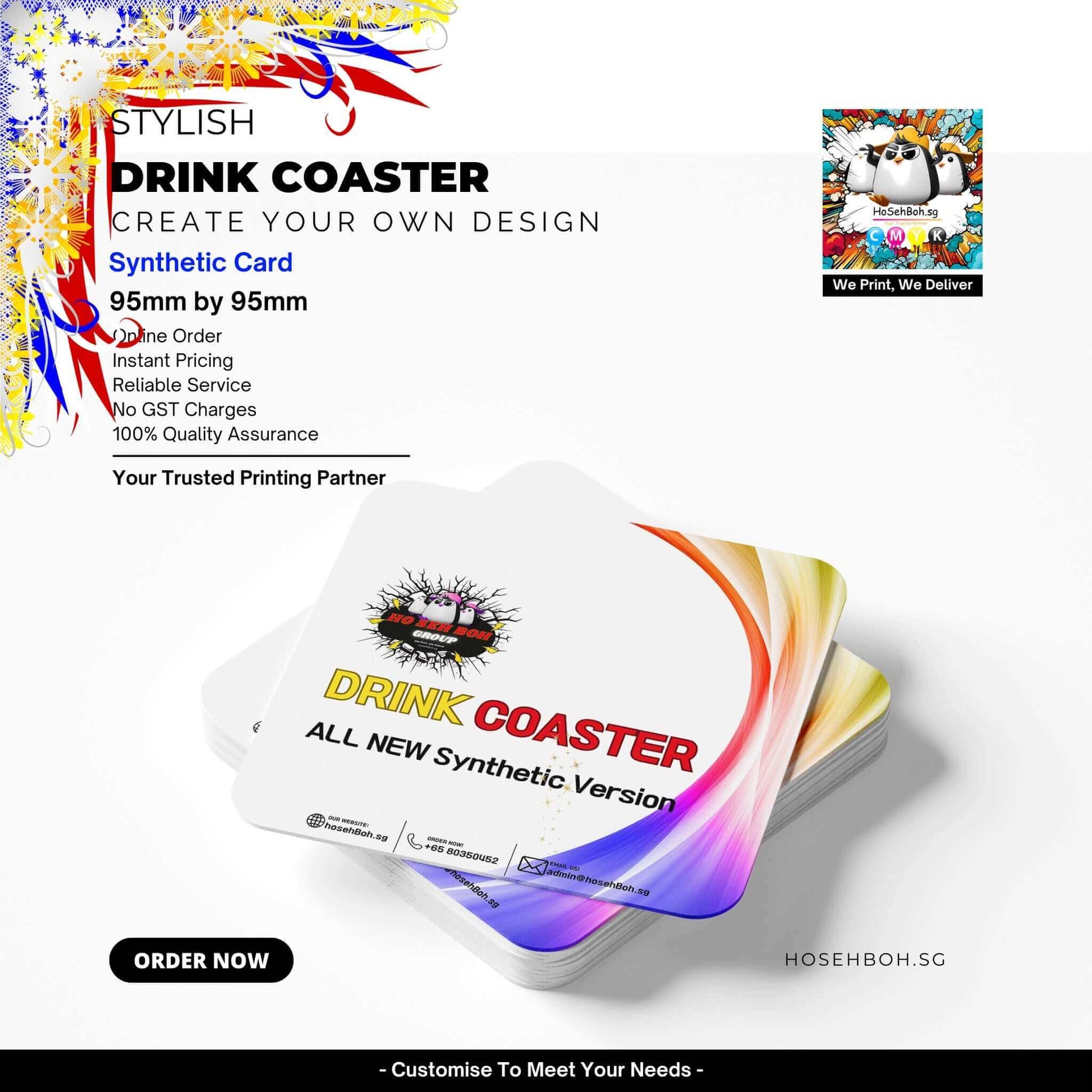 Stylish drink coasters in synthetic card, customizable design, printed by hosehBoh.sg, 95mm x 95mm, reliable service.