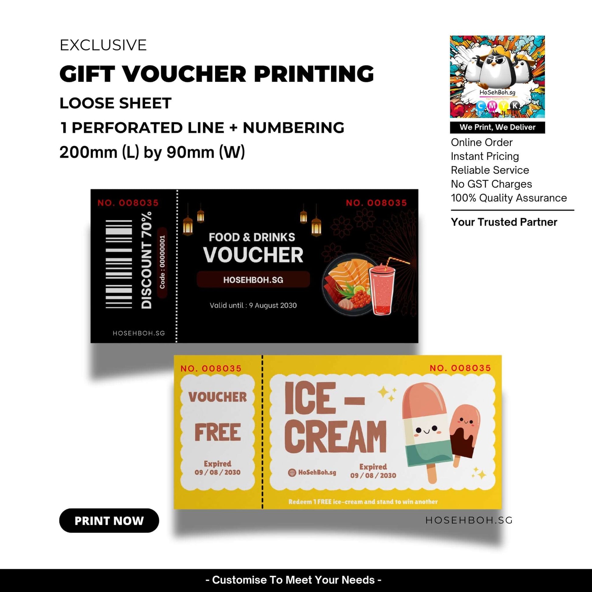 Custom printed gift vouchers 200mm by 90mm, featuring perforated line and numbering, exclusive vouchers for businesses.
