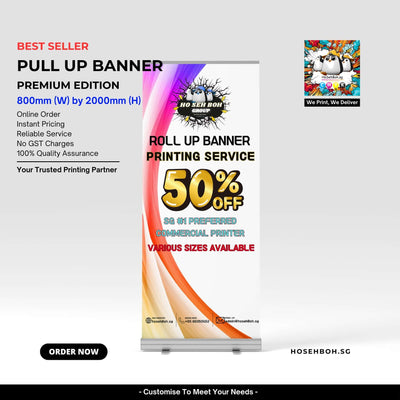 Pull up banner featuring 50% off premium edition printing service, online order, and various sizes available.