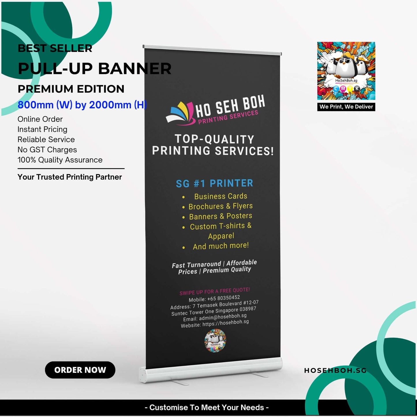 Pull Up Banner Singapore by Ho Seh Boh, showcasing premium printing services, lightweight and reusable for marketing displays.