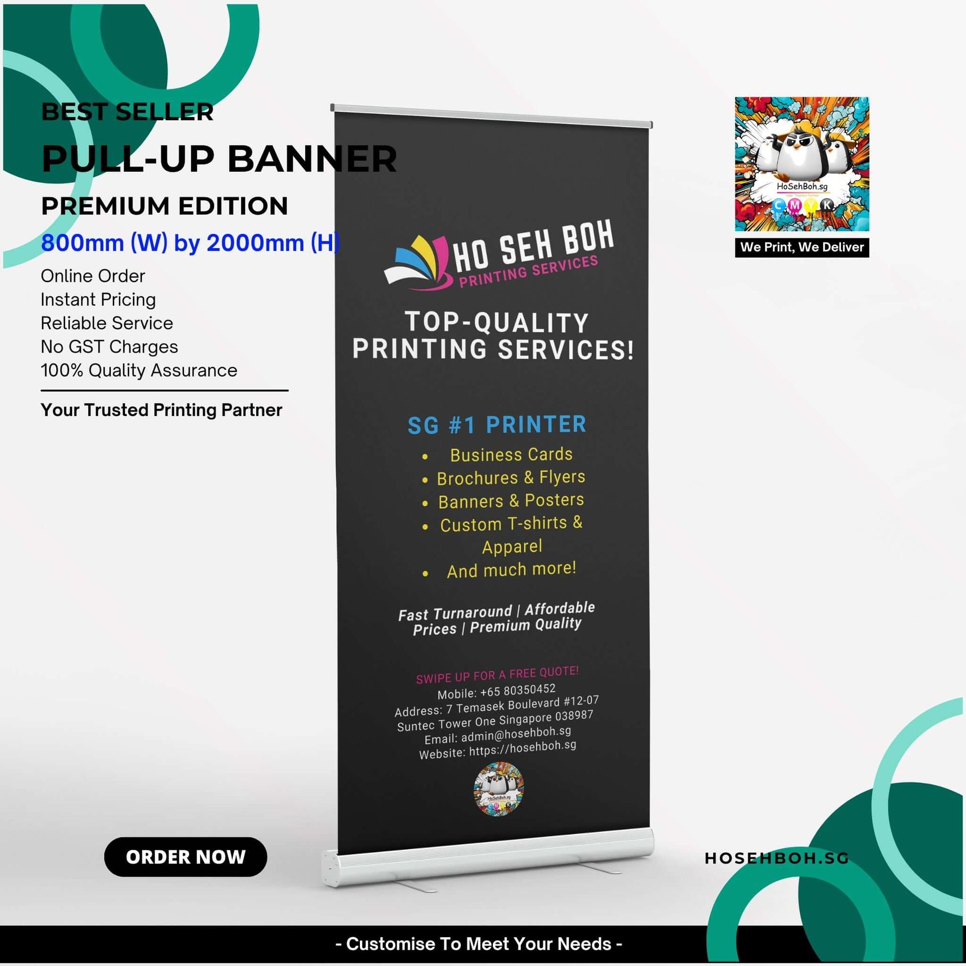 Pull Up Banner Singapore by Ho Seh Boh, showcasing premium printing services, lightweight and reusable for marketing displays.
