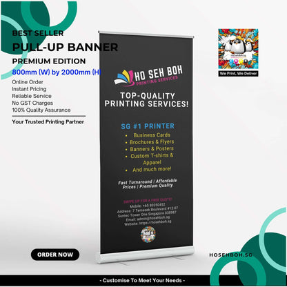 Pull Up Banner Singapore by Ho Seh Boh, showcasing premium printing services, lightweight and reusable for marketing displays.