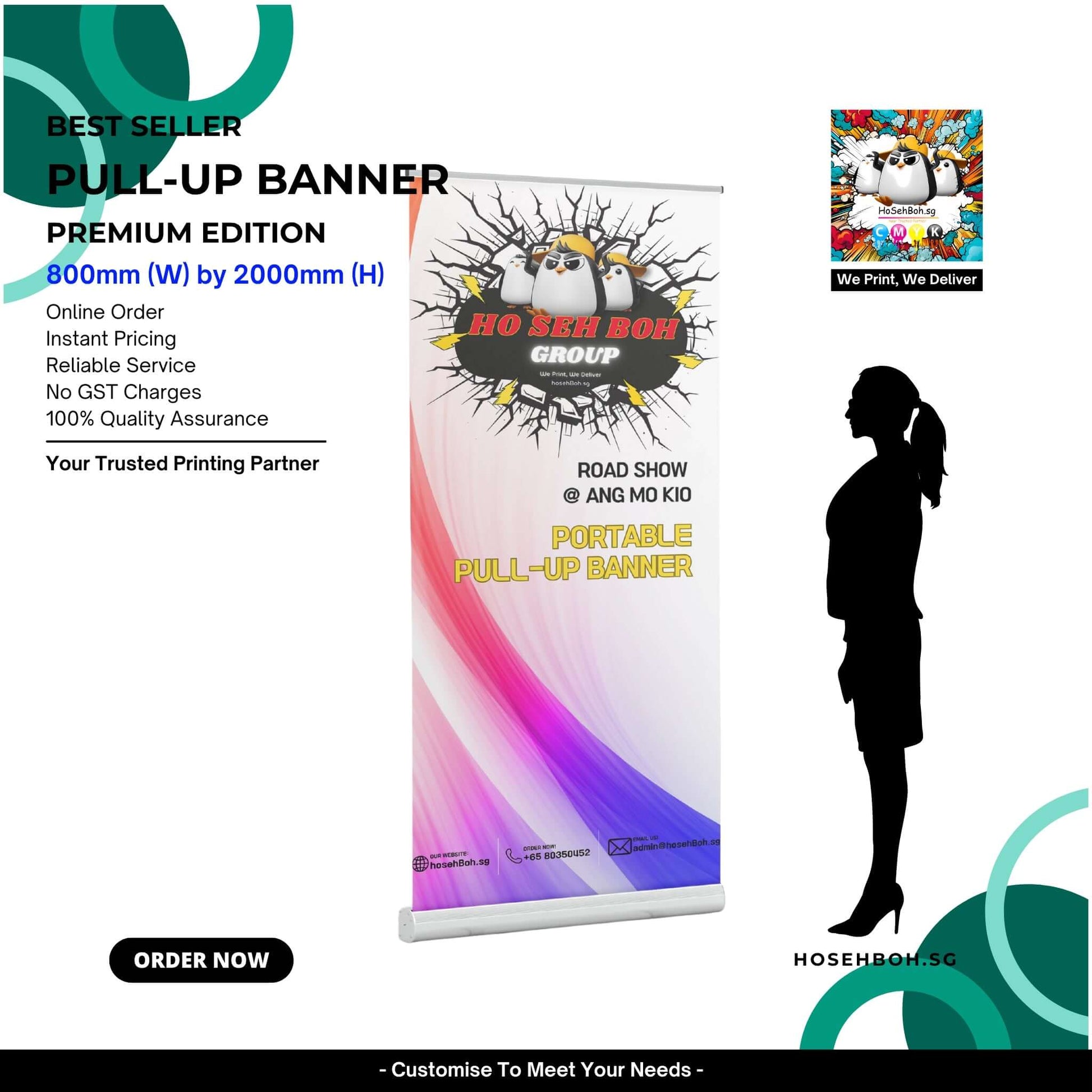 Premium pull-up banner design for hosehBoh.sg Group featuring reliable service and customizable options.