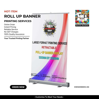 Roll up banner advertising printing services by hosehBoh.sg, featuring retractable display, high-quality printing, and online order features.