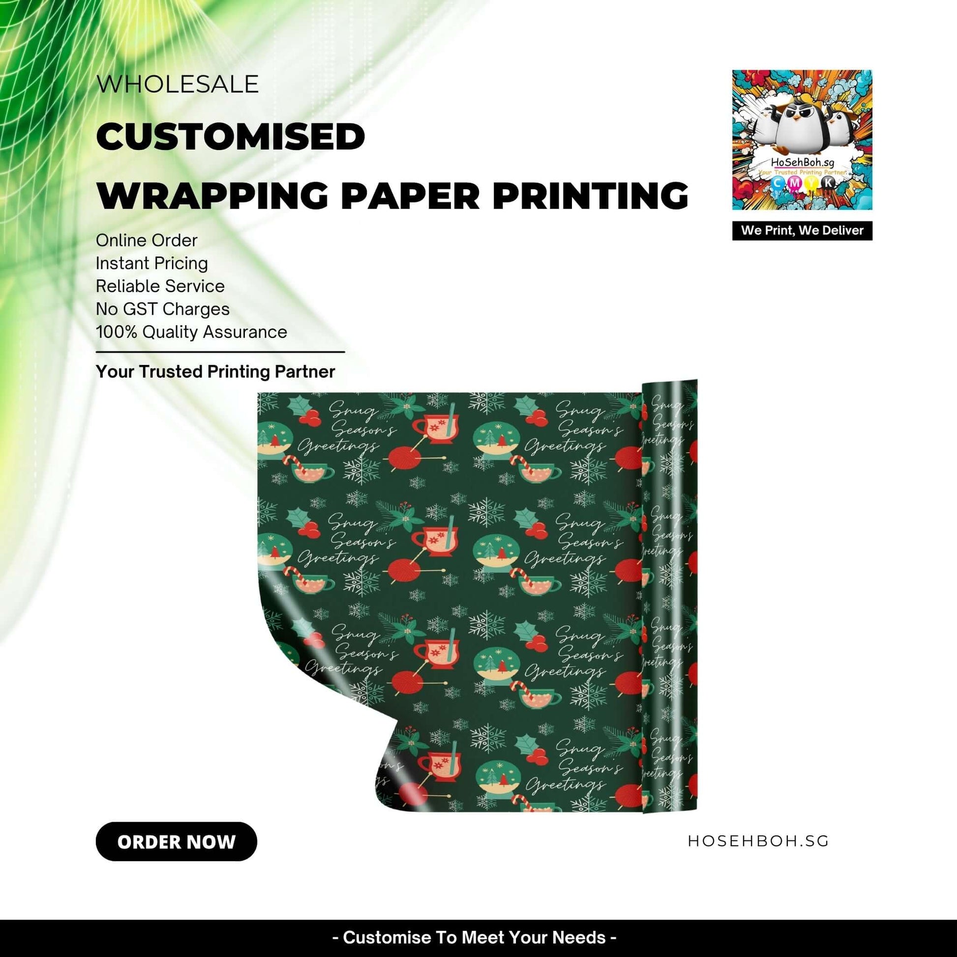 Customised Wrapping Paper Printing with festive design, showcasing quality and creative options for gift wrapping.