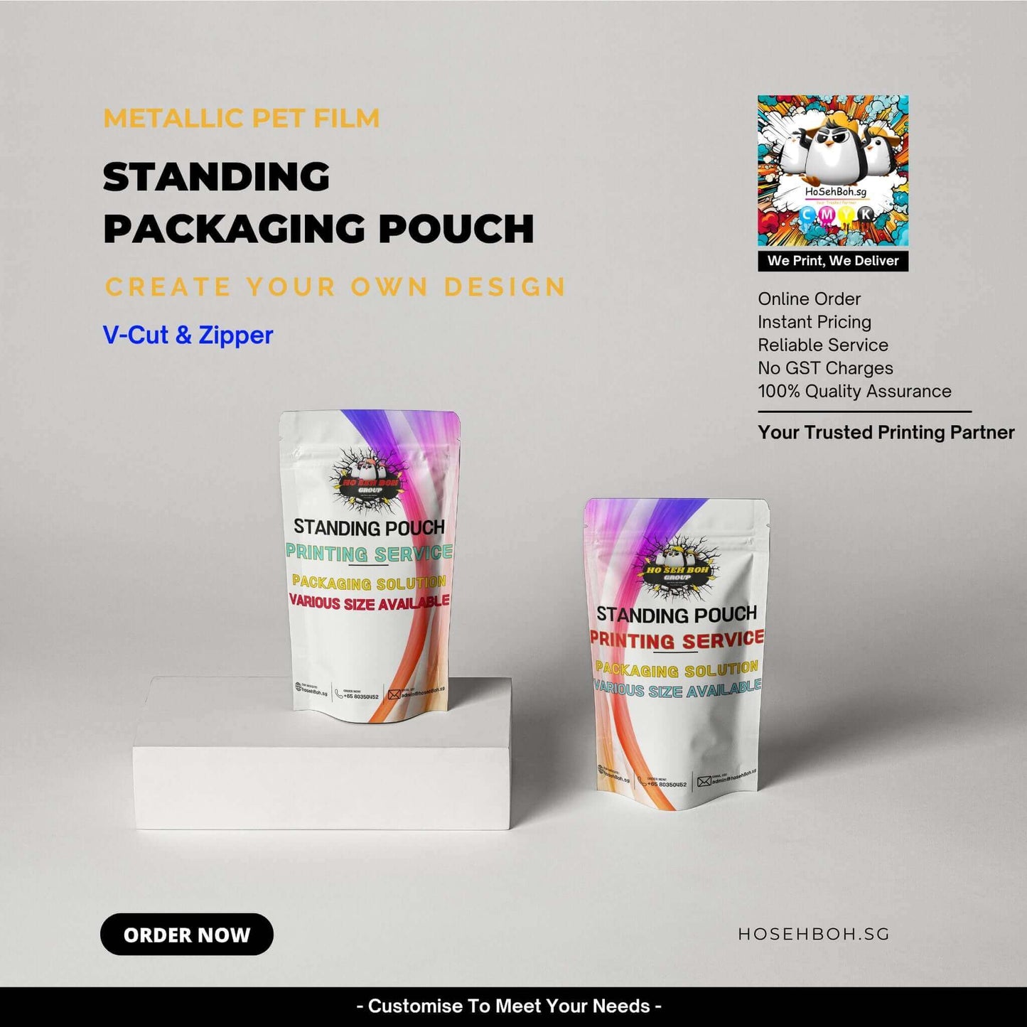 Colorful standing packaging pouches made from metallic PET film with V-cut and zipper. Custom design options available.