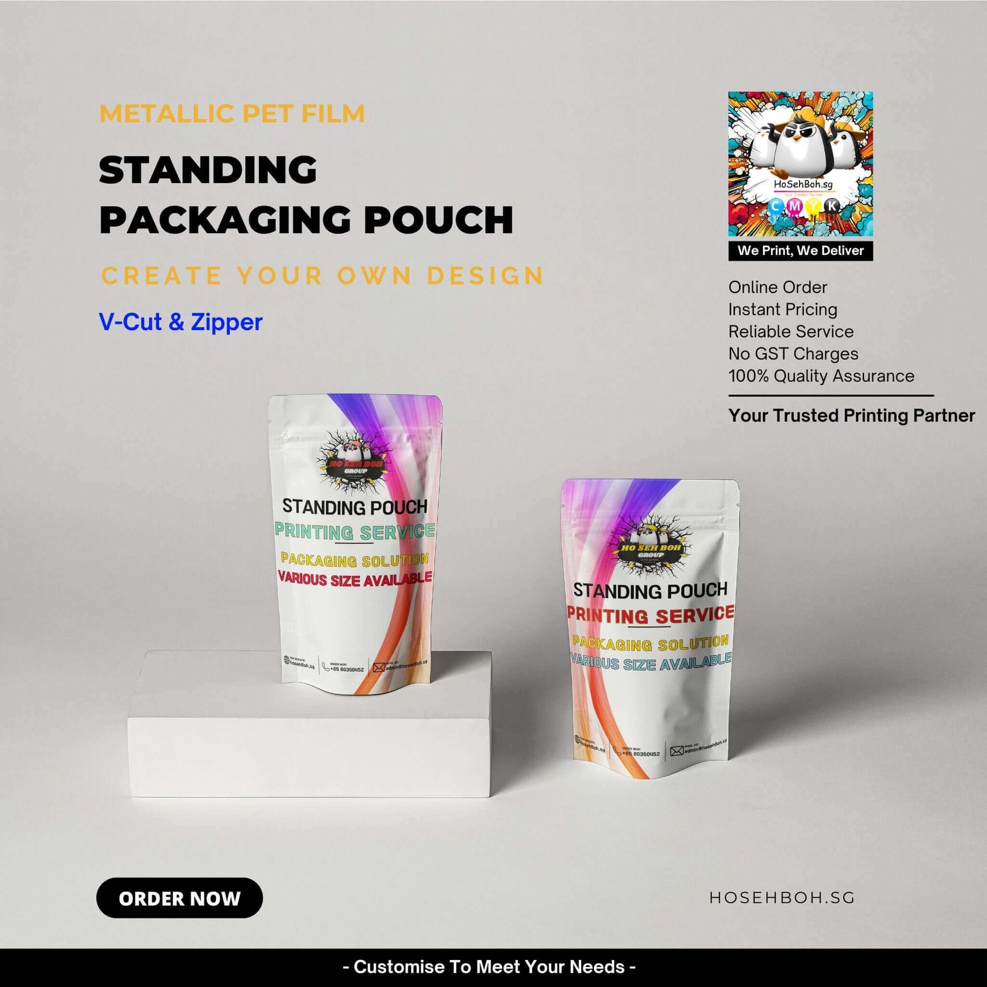 Colorful standing packaging pouches made from metallic PET film with V-cut and zipper. Custom design options available.