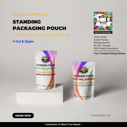 Colorful standing packaging pouches made from metallic PET film with V-cut and zipper. Custom design options available.