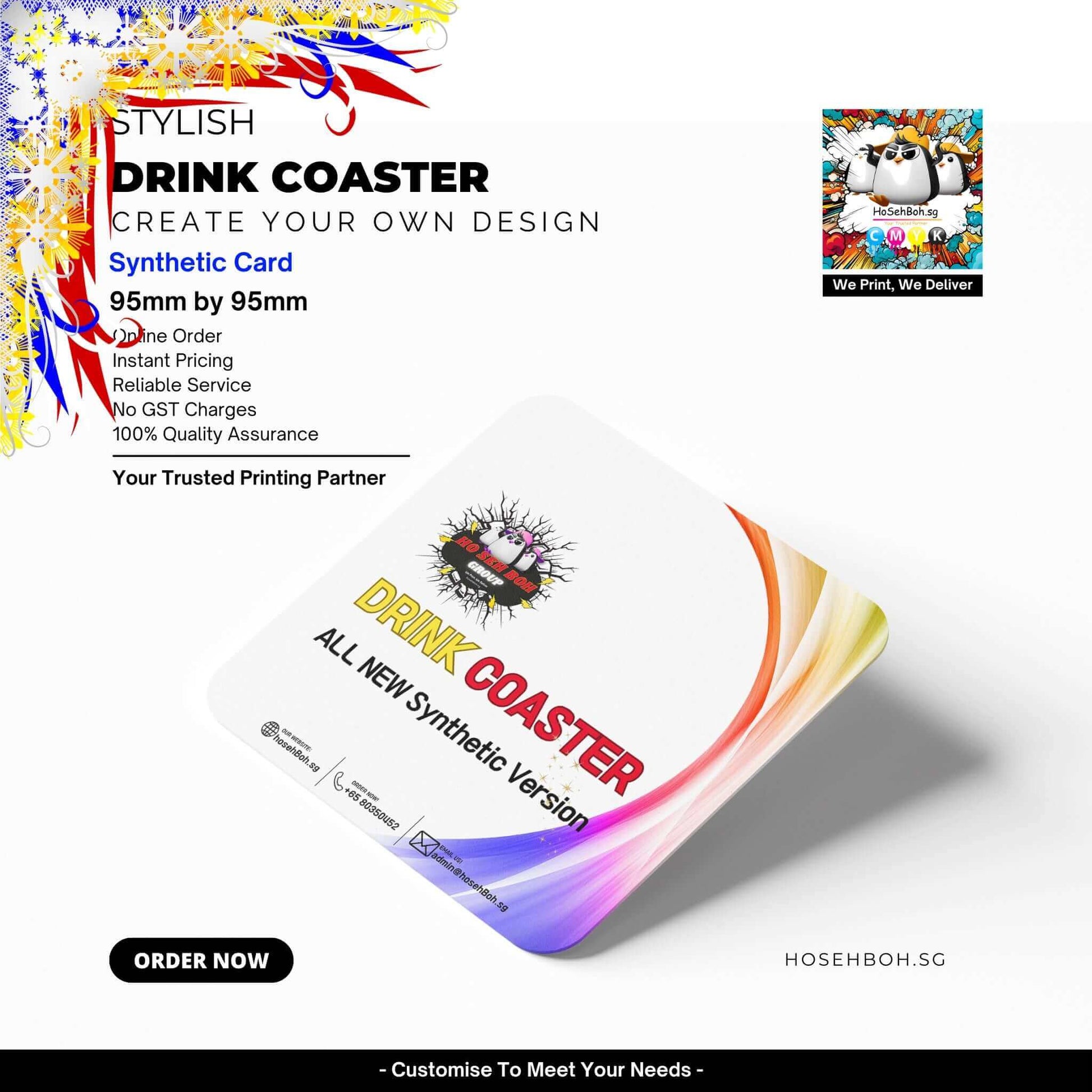 Stylish drink coaster design, 95mm x 95mm, synthetic card by hosehBoh.sg. Customizable with reliable service. Order now!