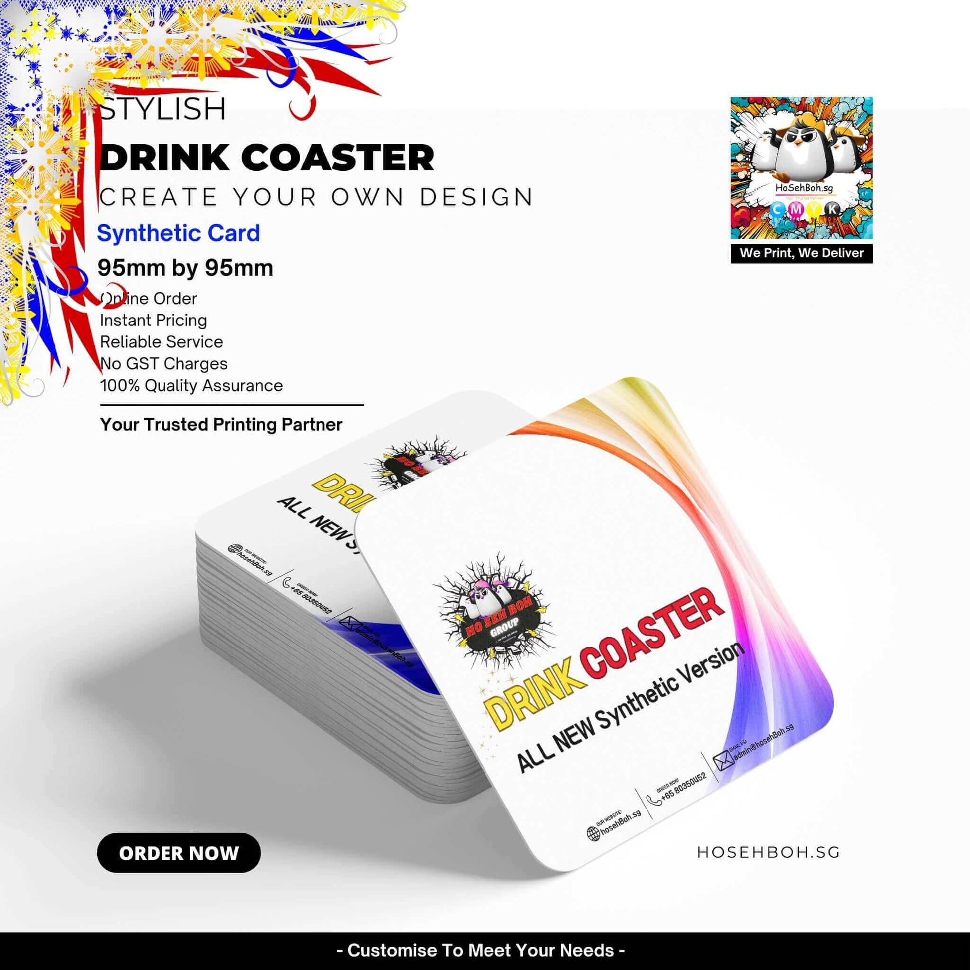 Stylish synthetic drink coasters; customizable design, 95mm x 95mm; printed by hosehBoh.sg for quality assurance.