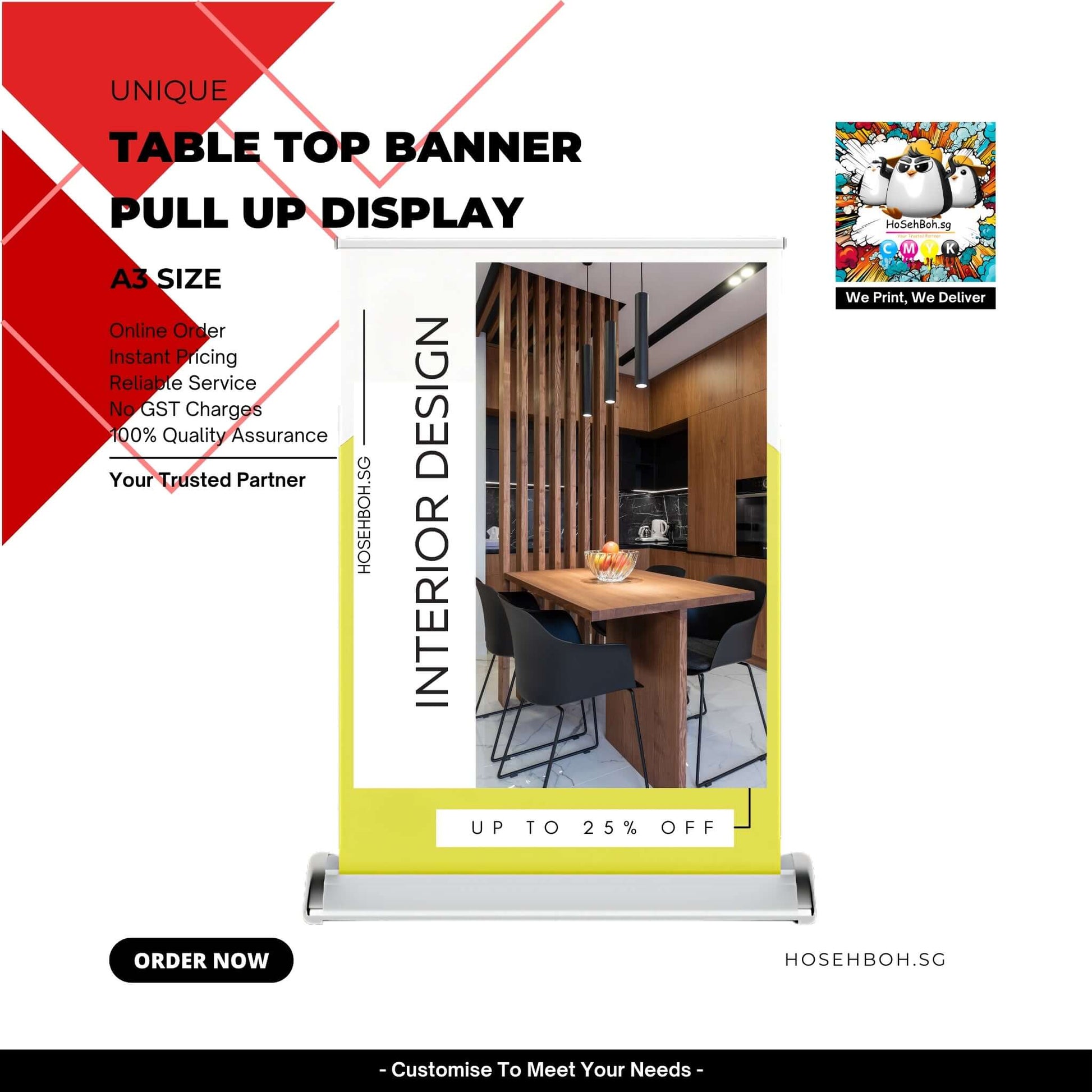 Table Top Mini Pull Up Banner Display showcasing interior design promotion with 25% discount at HosehBoh Group Singapore.