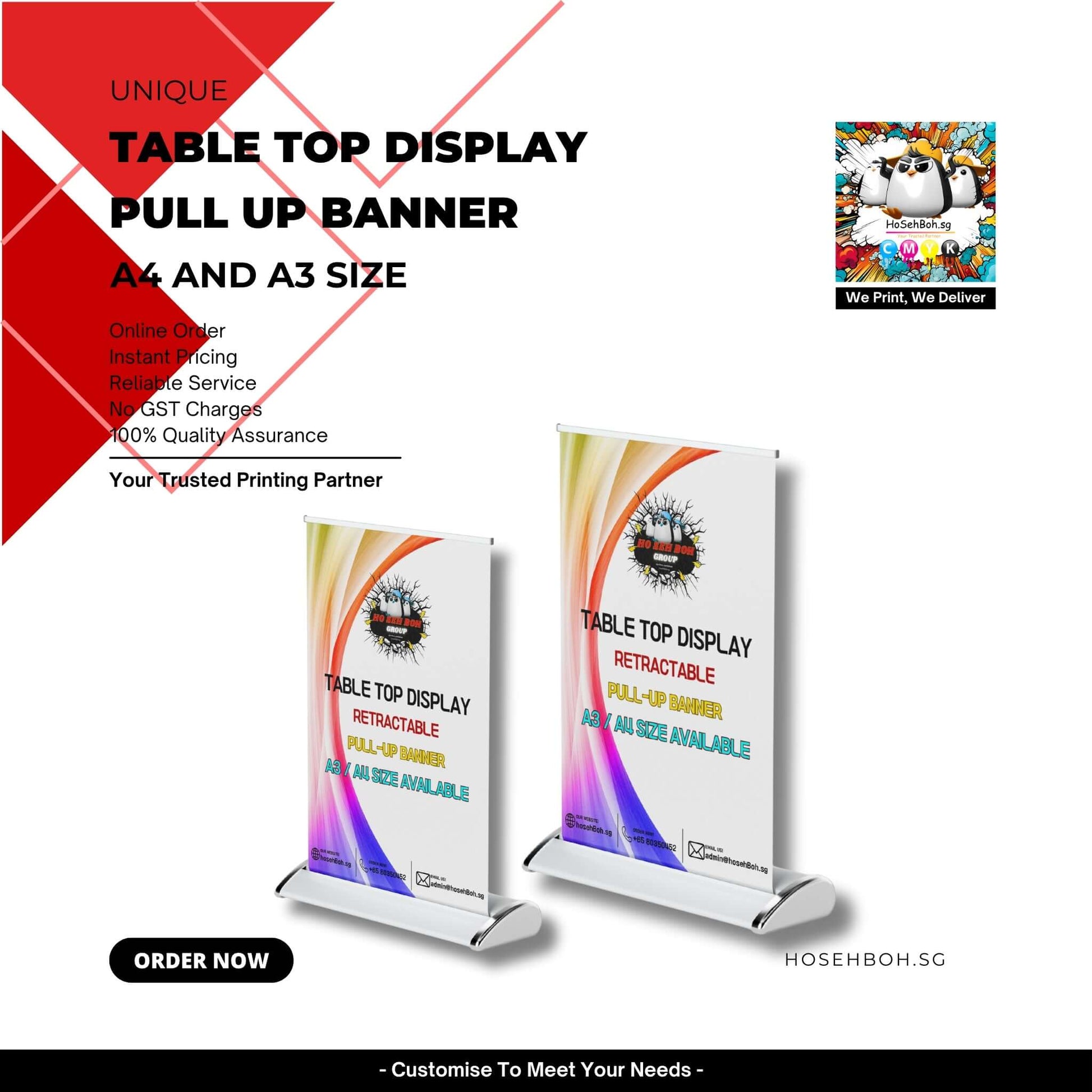 Unique table top display pull up banner in A4 and A3 size, ideal for promotions and events. Custom printing available.