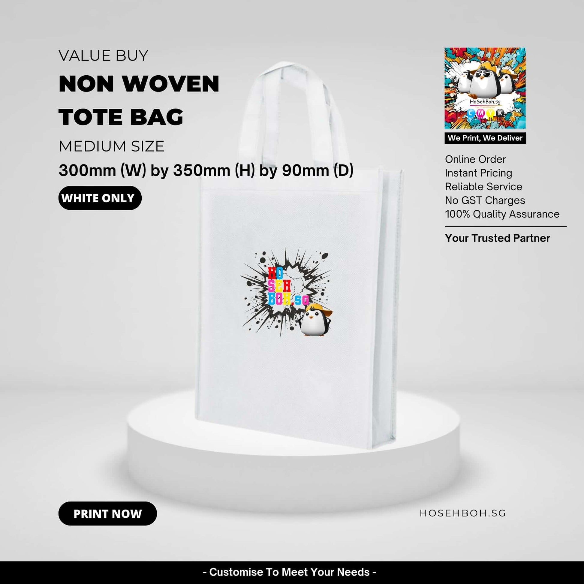 White medium non-woven tote bag with unique printed design, ideal for wholesale tote bag printing in Singapore.