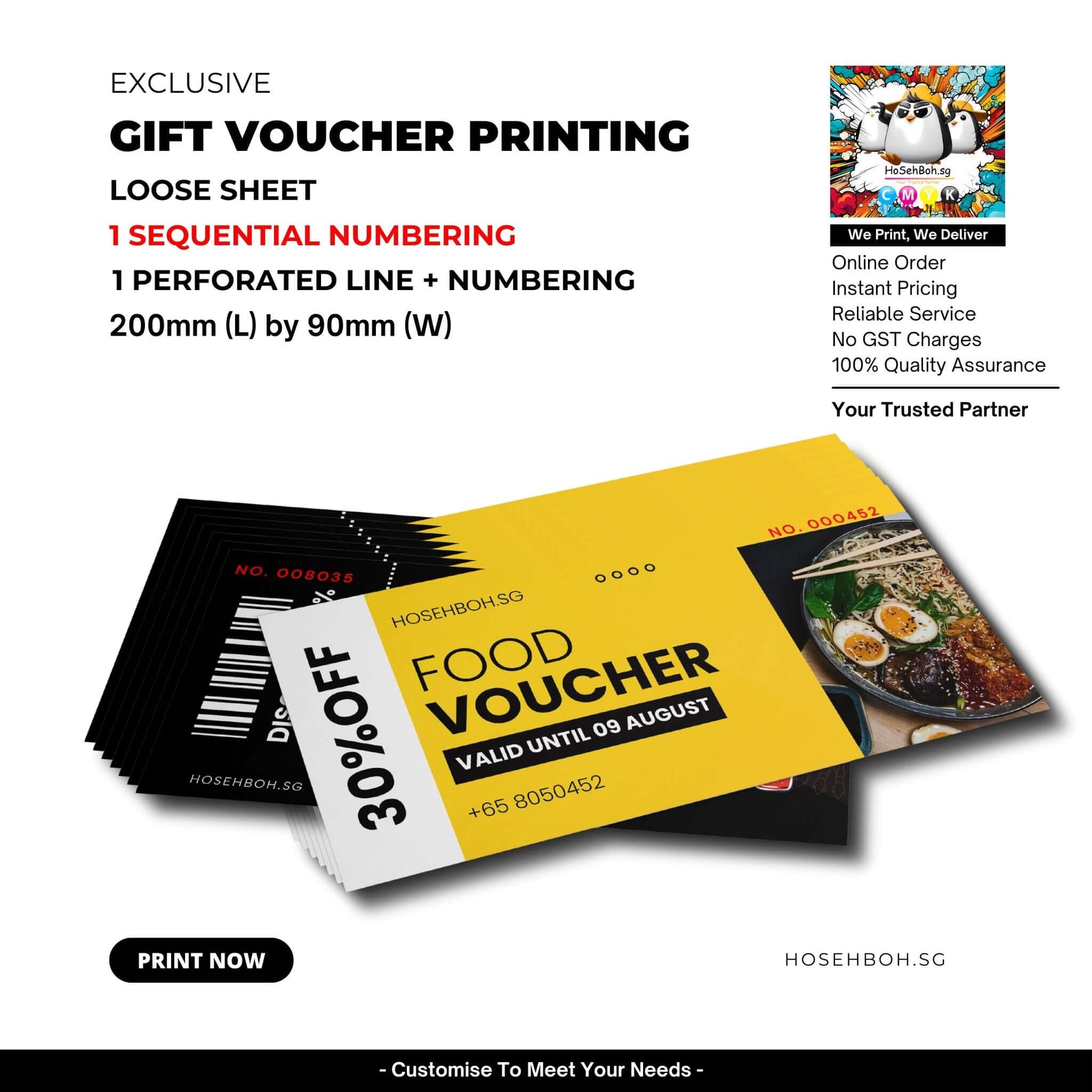 Custom Gift Voucher Printing 200mm x 90mm, promotional vouchers with numbering, Singapore - Ho Seh Boh Group.