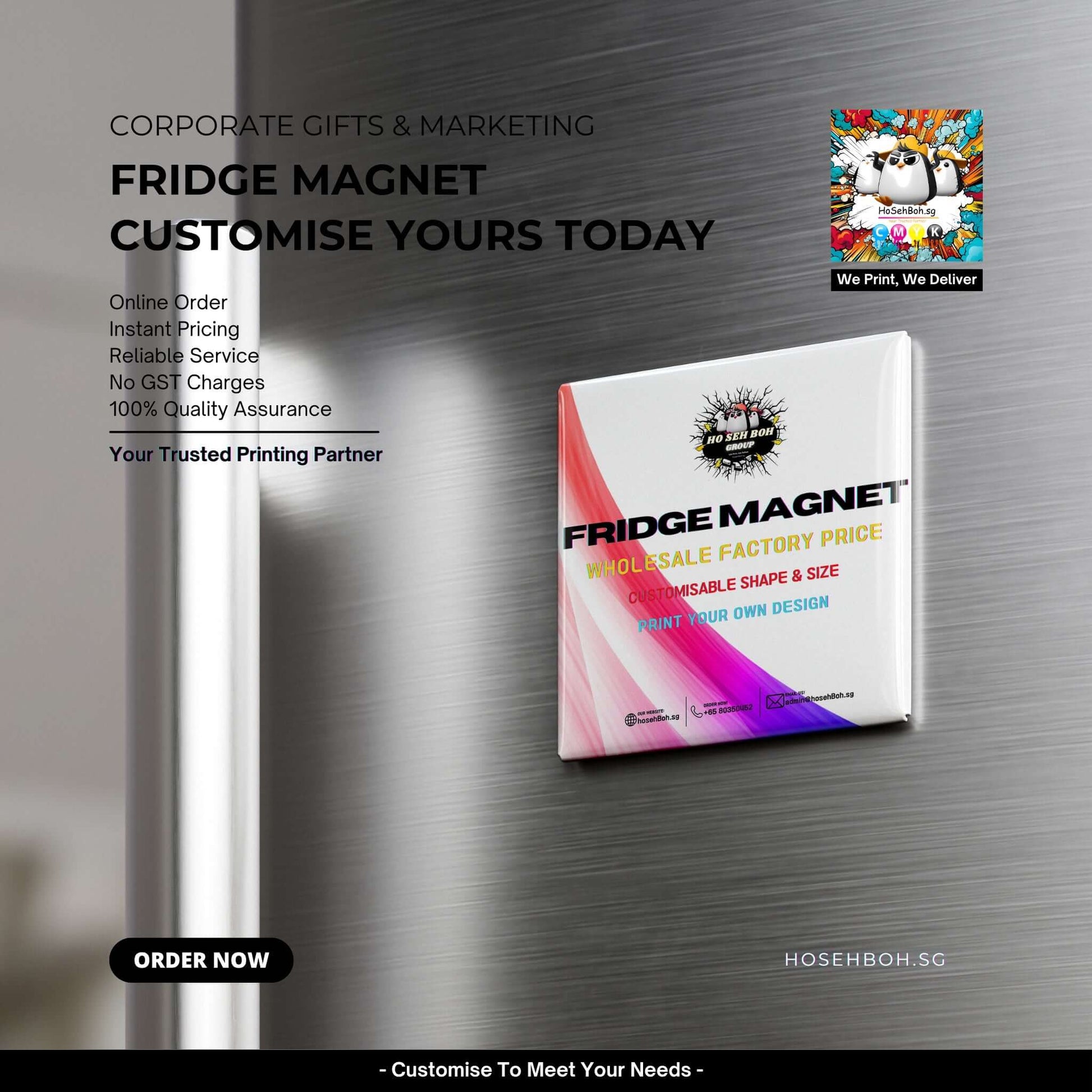 Custom Fridge Magnet Printing Singapore, featuring a customizable fridge magnet on a metal surface.