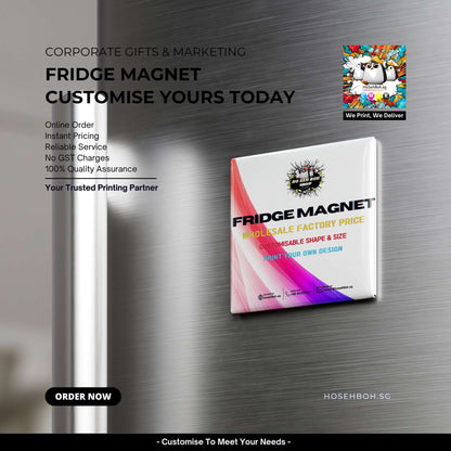 Custom Fridge Magnet Printing Singapore, featuring a customizable fridge magnet on a metal surface.