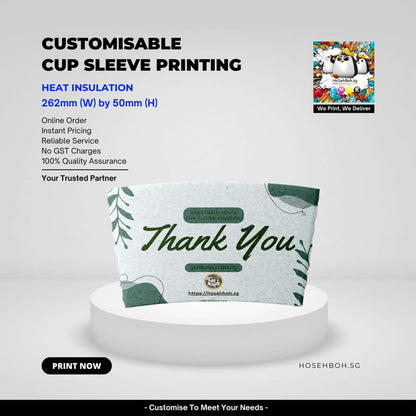 Customisable cup sleeve printing service with heat insulation, featuring a 'Thank You' design for coffee shops.
