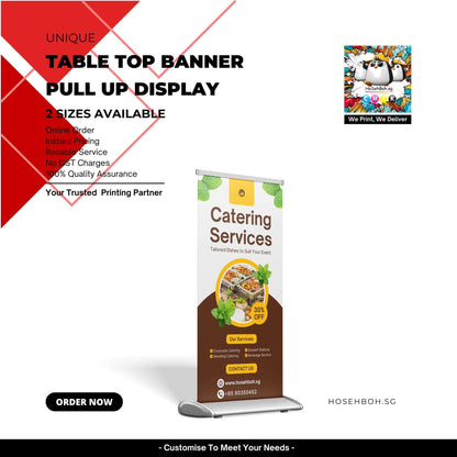 Tabletop mini pull up banner display for catering services in Singapore, showcasing vibrant design and promotional features.