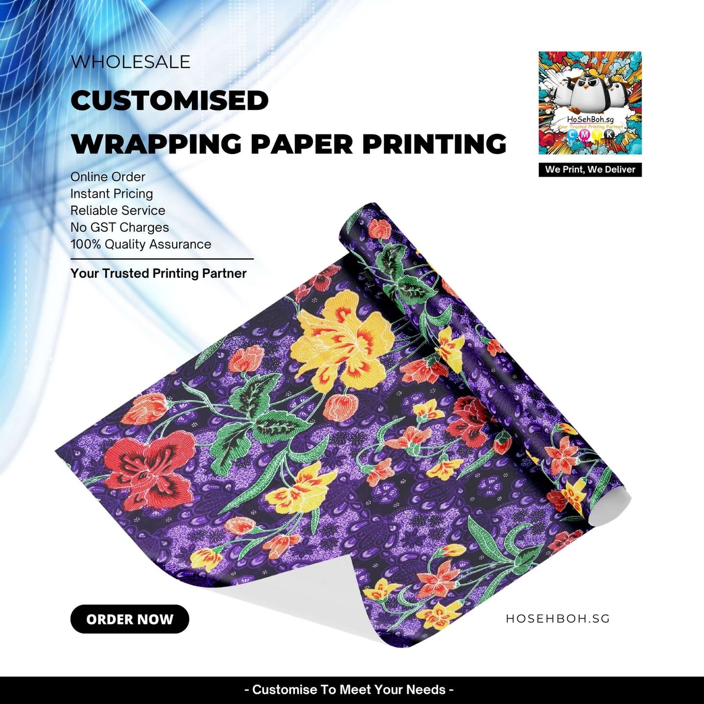 Customised Wrapping Paper Printing with vibrant floral design for unique gift presentation.