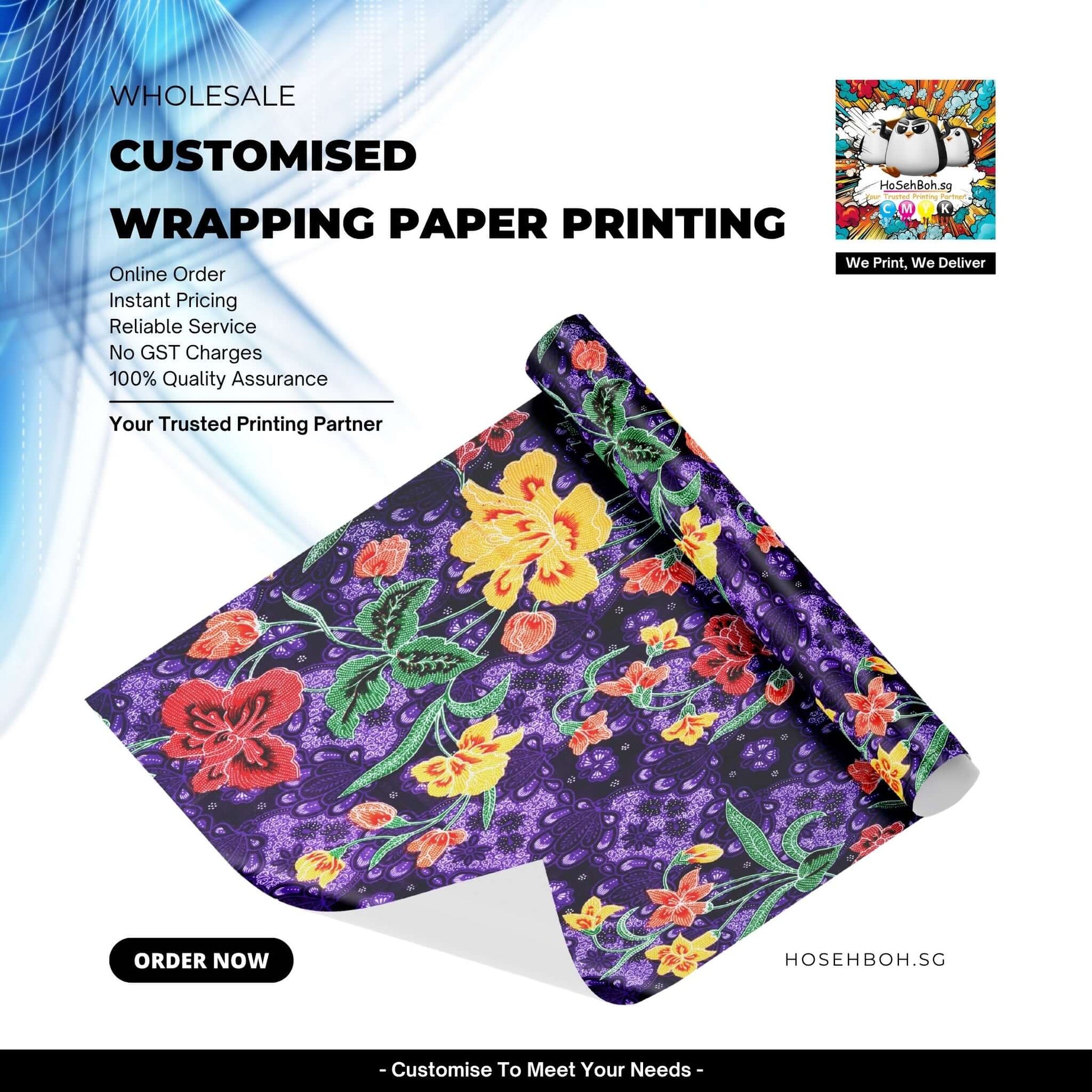 Customised Wrapping Paper Printing with vibrant floral design for unique gift presentation.
