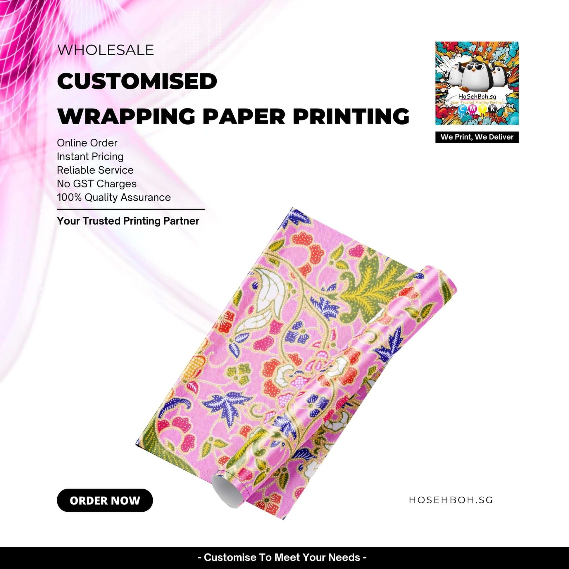 Customised Wrapping Paper Printing showcasing vibrant floral design with online order details and quality assurance.